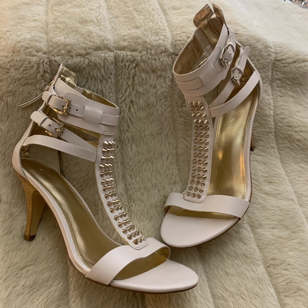 Guess Women's Bayberi T-Strap Heels white spike 8M